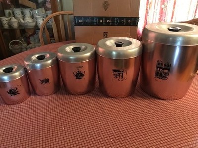 5 PC VINTAGE 50's-60's? WEST BEND COPPER COLORED ALUMINUM NESTING CANISTER SET