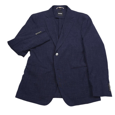 Hugo Boss Huge-241 Wool Linen Suit Jacket Mens Size 38R Slim Fit Blue Melange