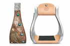 Western 6" Wide Copper Engraved Feather Turquoise Stone Bell Stirrups 51257