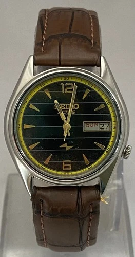 Vintage Casual Automatic Seiko5 Black Dial 7009 with "D/D" Watch Leather Strap