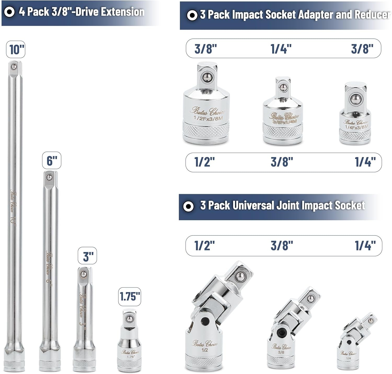 Versatile 10-Piece Socket Accessory Set: Bates Chrome Vanadium Tool Essentials