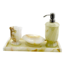 White Onyx Stone 4-Piece Bathroom Decor Accessory Set with Vanity Tray.