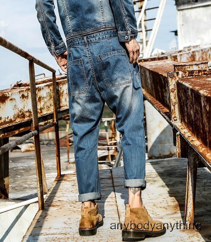 Men Denim Jumpsuit Detachable Jeans Overalls Casual Slim Rompers Cowboy  Trousers