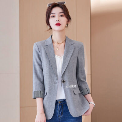 Women Blazer Spring Autumn Work Office 3/4 Sleeve Slim Short
