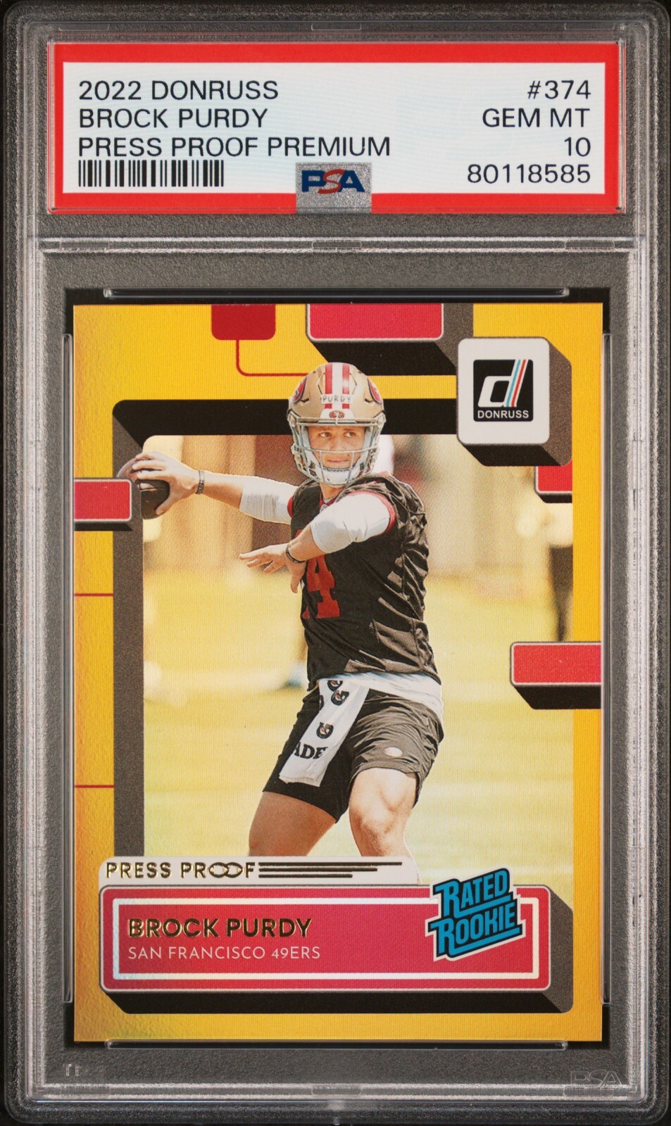 2022 Panini Donruss PRESS PROOF PREMIUM GOLD BROCK PURDY RC 49ERS #374 PSA 10