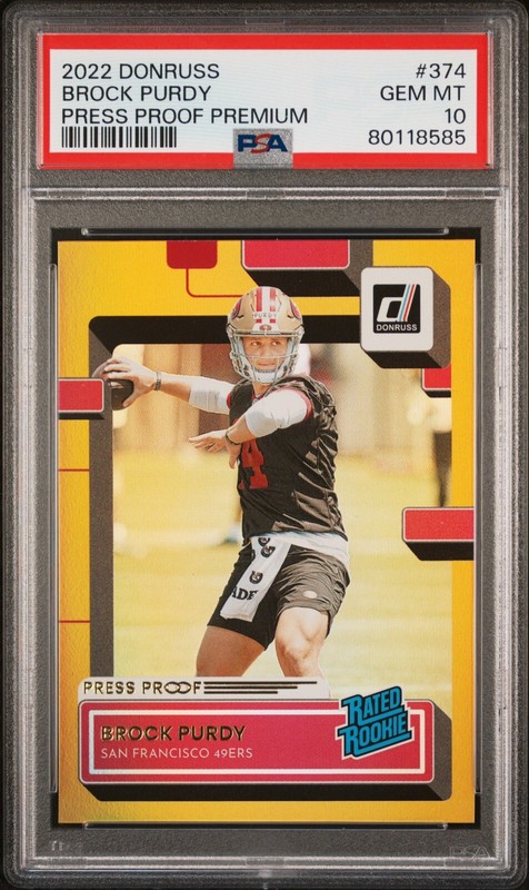 2022 Panini Donruss PRESS PROOF PREMIUM GOLD BROCK PURDY RC 49ERS #374 PSA 10