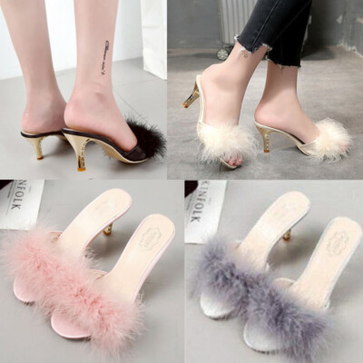 heeled slippers with fur