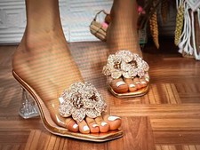 Women’s Rhinestone Flower Decor High Hill Sandals,Fashion Square Open Toe Dress