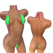 Neon Lime green wet look pink string micro slingshot bikini size XS-XL