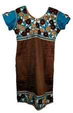 Women's Teal  Brown Embroidered Kurti with Rhinestones Size 36