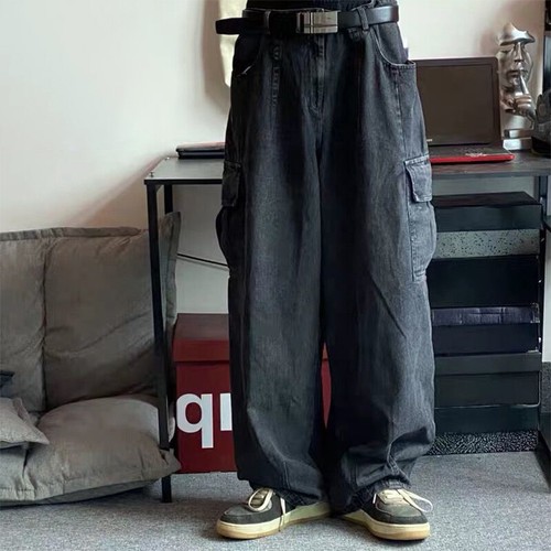 Baggy Jeans Denim Pants Cargo Pockets Loose Wide Leg Big Pocket Mens Trousers - Picture 5 of 13