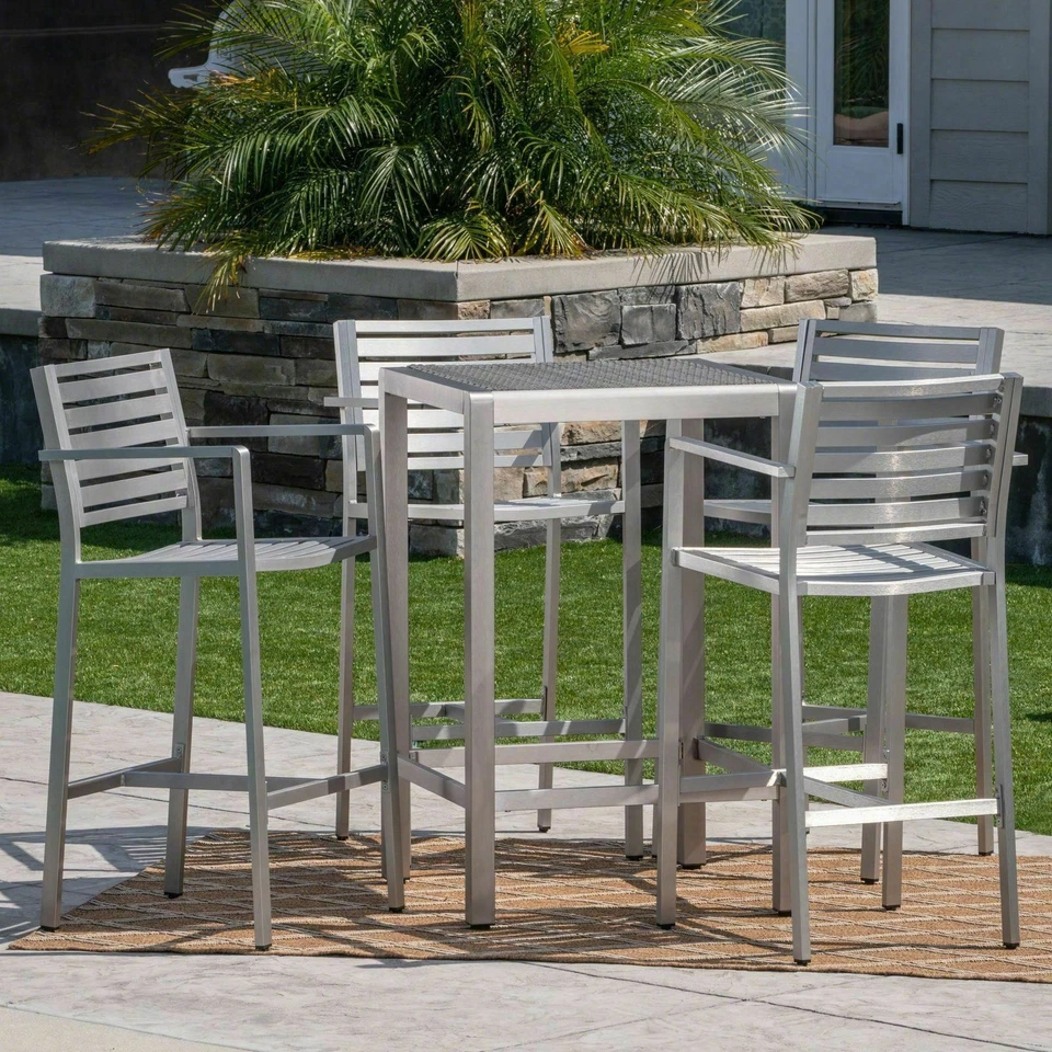 Juego de barras de aluminio Tracy Outdoor de 5 piezas plateadas a prueba de óxido con tapa de mimbre gris Ba Foto 3 de 4