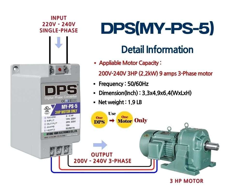 Ein- auf 3 Phasen-Wandler, Verwendung 3PS (2,2kW) 9A Motor nur 200V-240V, MY-PS-5 - Bild 2 von 4