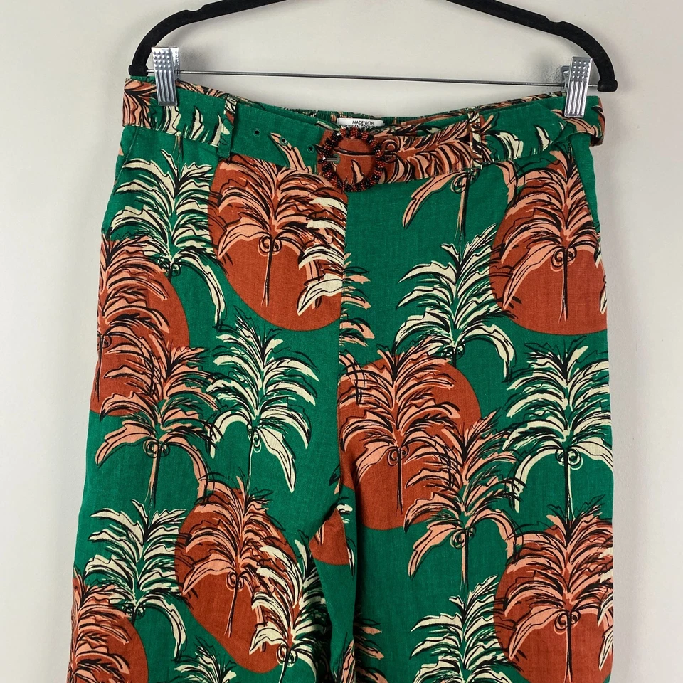 Pantalones cortos Nicole Miller New York 100 % lino pierna ancha L verde rojo palma con cinturón Foto 2 de 4
