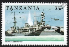 Sinking of HMS REPULSE (1916) WWII Battlecruiser Warship Stamp (1992 Tanzania)