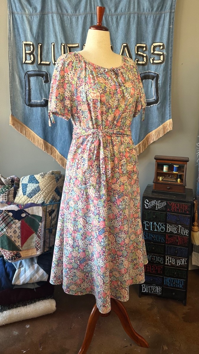 Vintage 30s Floral Cotton Voile Drop Waist Depression Era House Tea Dress  Size M