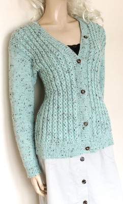 Handgestrickte Strickjacke Zopfmuster Aran Wolle blau grün Mohair Gr. S/8-10-12 Vintage 90er