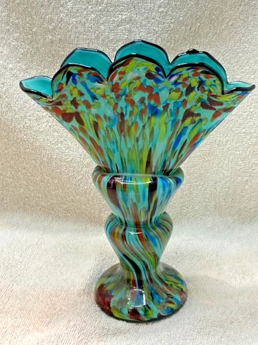 Vintage Murano Style Confetti  Fan Shaped Vase -  Hand Blown Art Glass, Old.