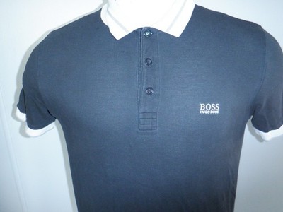 Men Hugo Boss SLIM FIT Luxury Cotton sz Large Black Polo Shirt Green Embroidery
