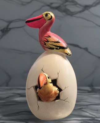 Mexican Folk Art ''Tonala'' Hatching Bird Egg Hand-Painted Signed Pottery...