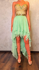 Sherri Hill Mint Green Gold Strapless Sweetheart Hi-Low Beaded Dress Size 6