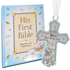 Baby Boy First Bible and Catholic Baptism Crib Cross Set for Boys, Catholic B...