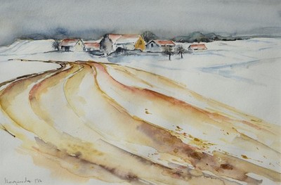 Christa Marquardt *1952 Leutershausen / Aquarell 1996 ''Wintereinsamkeit'' Franken