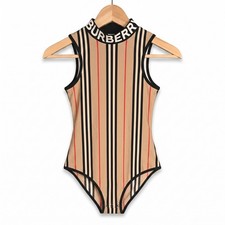 Burberry Girl Siera Logo Iconic Stripe One Piece Zip Swimsuit Size 12Y Luxury