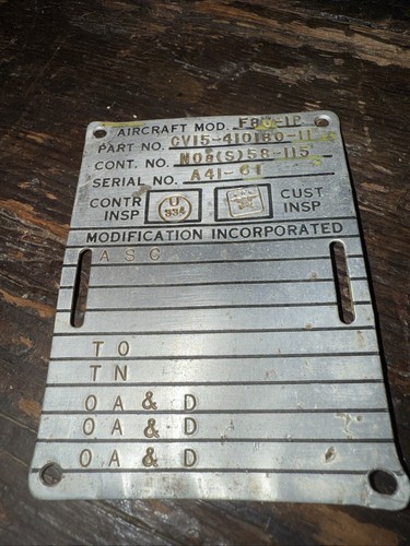 aircraft modification tag for a F8U-IP, part number CV15-410180-11 ...