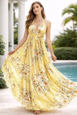 Missord Yellow Floral Halter Maxi Dress Summer Boho Long Gown-NWT