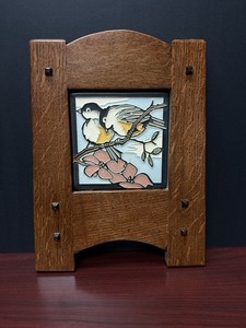 Motawi 6” X 6” Tile, Chickadees On A Branch. Oak Frame.