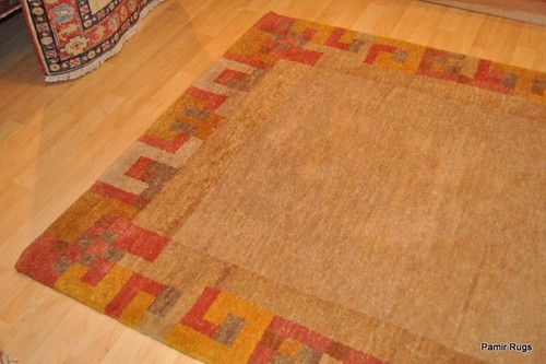 HANDMADE 5' x 8' Vegetable dye THICK KNOTTED rug, BEIGE, ORANGE RUG #PM75 - Picture 3 of 12