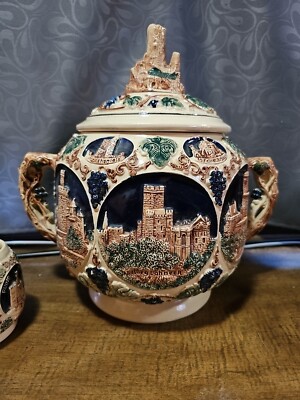 RARE 1950s GERZ GERMAN LARGE CASTLE PUNCH BOWL/TUREEN 6 STEIN CUPS