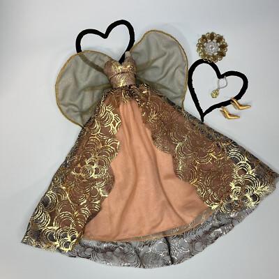 Barbie Angel Couture - Black, Tan & Gold Gown Dress w/ Sheer Wings, Shoes, Halo