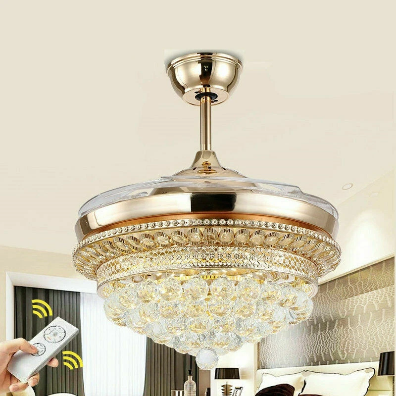 42"Gold Crystal LED Chandelier Invisible Ceiling Fan Light Ceiling Lamp w/Remote - Image 3 of 4