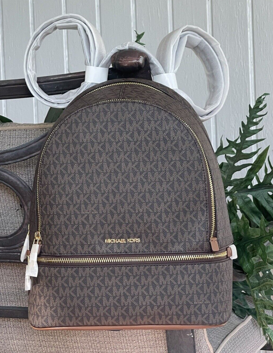MICHAEL KORS RHEA MEDIUM ZIP BACKPACK BAG TRAVEL TRIP TOTE MK BROWN LOGO  GOLD