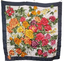 Silky Scarf 33 x 32 Beautiful Roses Bouquet with Butterfly, Navy Blue Border