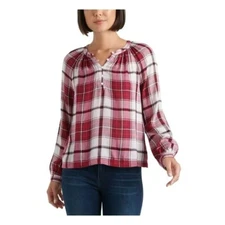 LUCKY BRAND Jessica Popover Top Sz S Red White Plaid Peasant Sleeve Embroidered