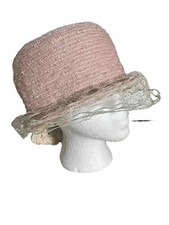 VINTAGE Pink STRAW LADIES HAT Net Veil 22" CRCMF 4" Tall John Wanamaker