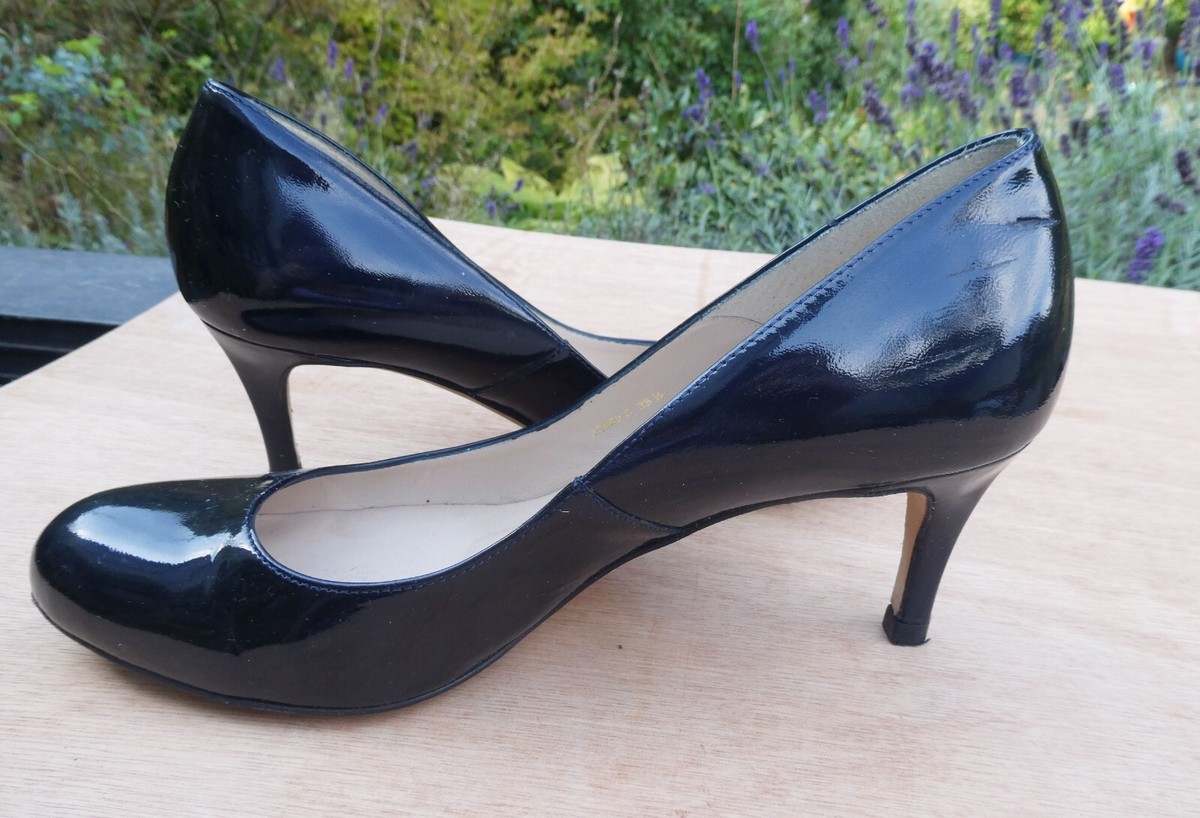 Block Heel Lk Bennett Navy Patent Low Heel Shoes Navy Blue