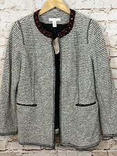 NEW Chicos blazer jacket size 1 women medium tweed black open beaded fringe