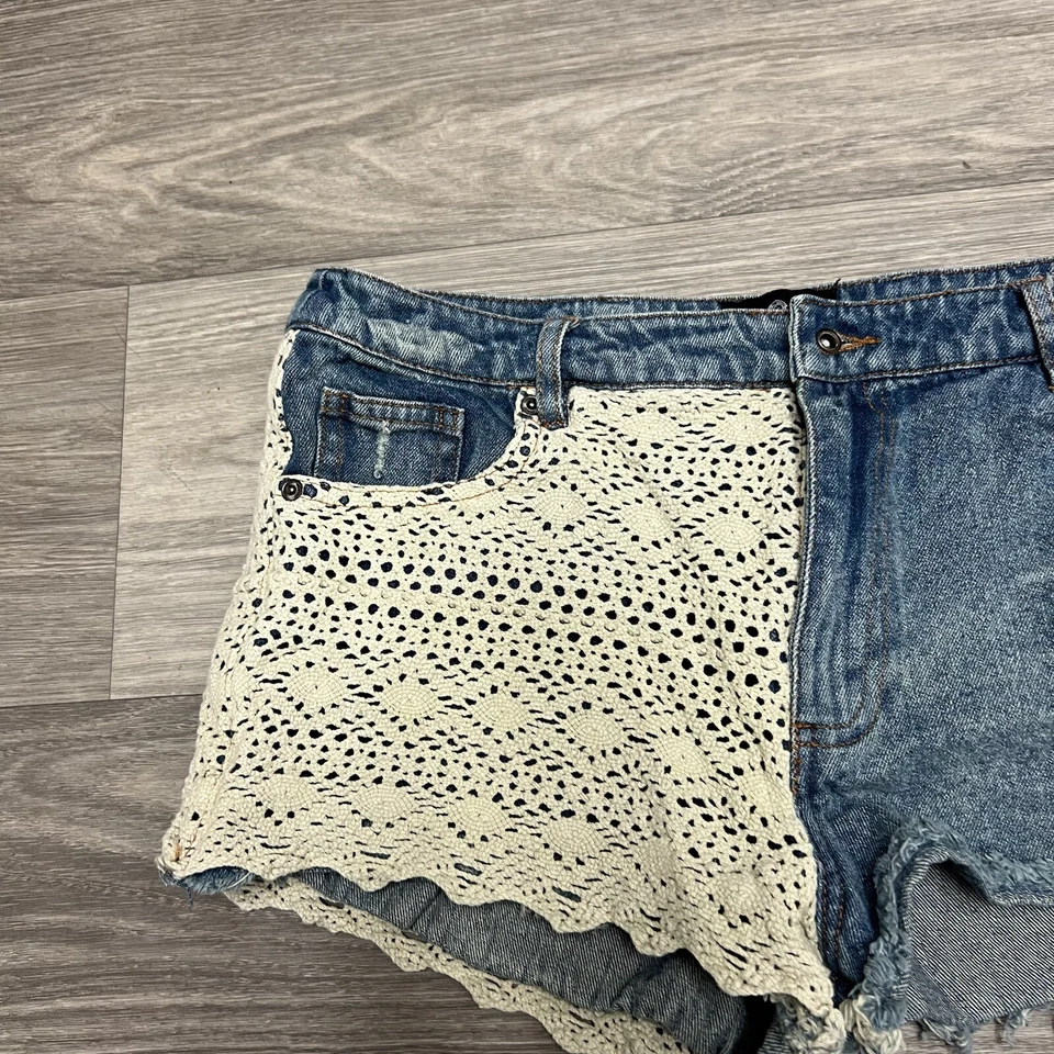 Pantalones Cortos de Jean Y2K Azul Encaje Mujer 30" Daisy Duke Distressed Cheeky Coquette Fairy Foto 4 de 4