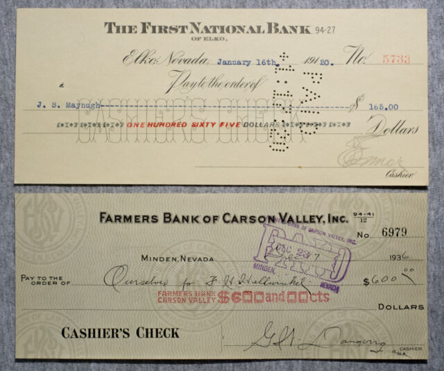 Set of 2 diff. Nevada USA bank checks 1910&#039;s-30&#039;s nice used