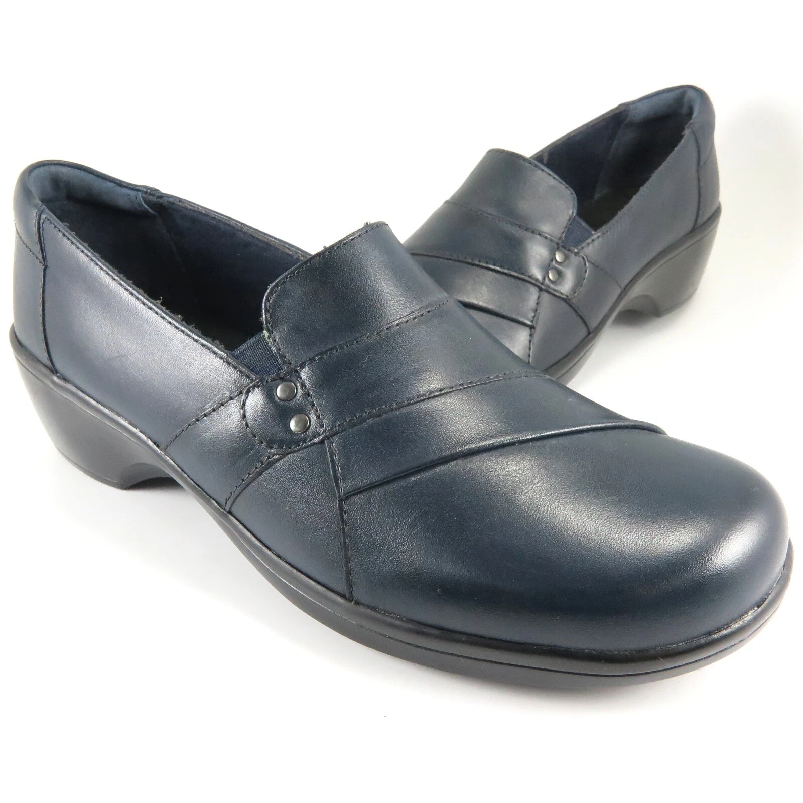 Mocassini Clarks MAY MARIG con zeppa da donna taglia 7 5 M blu navy in pelle a strati slip on