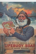 Vintage advert on modern postcard; Fisherman with Lifebuoy Soap