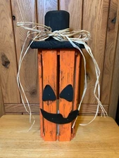 Handmade Primitive Wood LIGHT UP Jack-O-Lantern Tabletop Decor Shelf Sitter