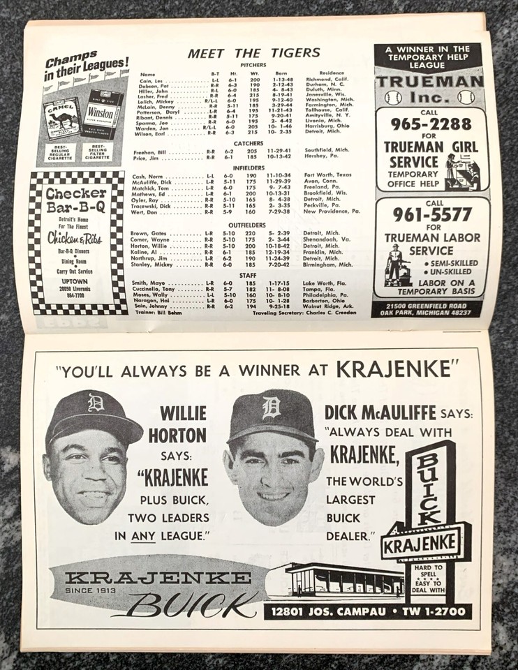 1968 DETROIT TIGERS Official Program &amp; Scorebook vs Yankees @ Tiger ...
