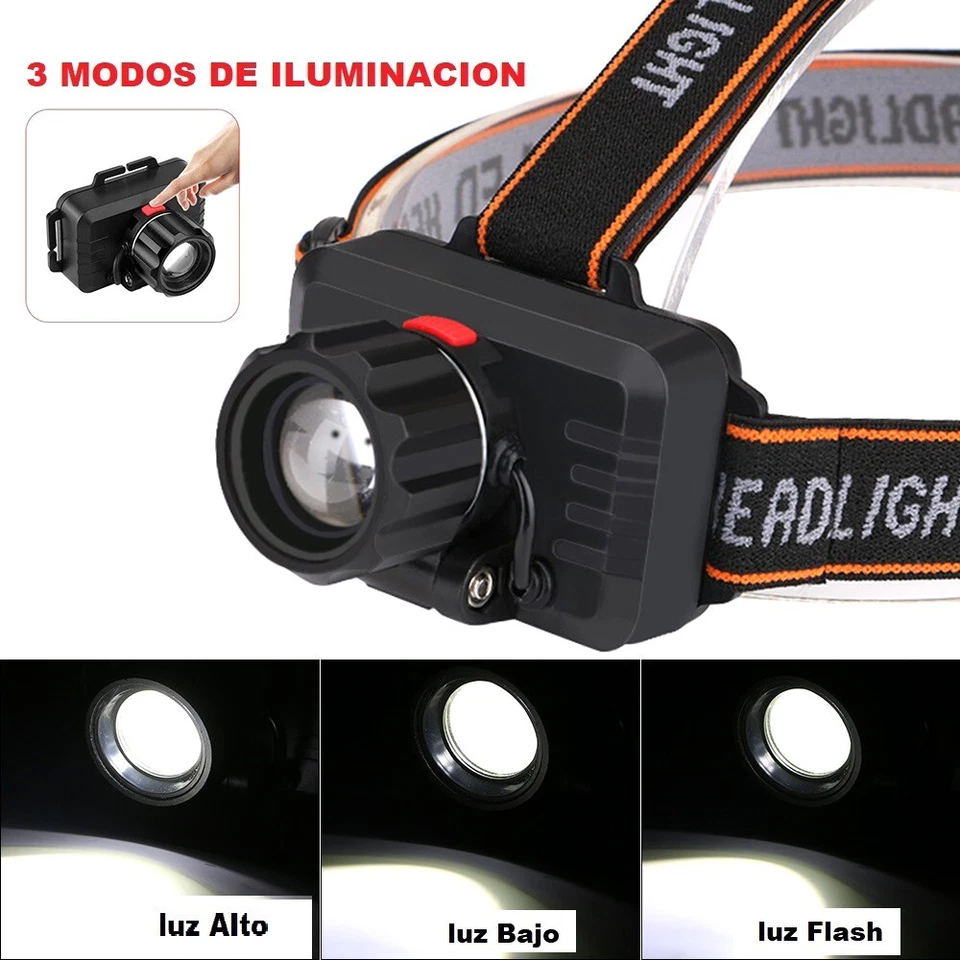 LINTERNA FRONTAL DE CABEZA CAMPING BICI PESCA LED Impermeable ZOOM CARGA USB - Imagen 4 de 4