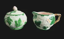 The Haldon Group Pink Flower Green Leaf Sugar & Creamer Set 1986 Majolica