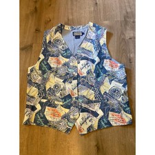 Vintage Ruff Hewn Nautical Collage Button Vest L Blue Motor Boat Novelty USA EUC
